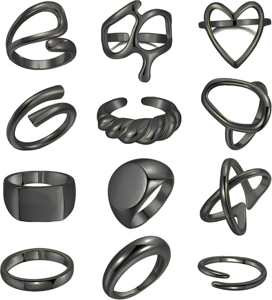 FAXHION 12PCS Gold Stackable Rings Set for Women, 18K Gold Plated Open Stacking Knuckle Ring, Adjustable Chunky Signet Band Statement Ring for Gift