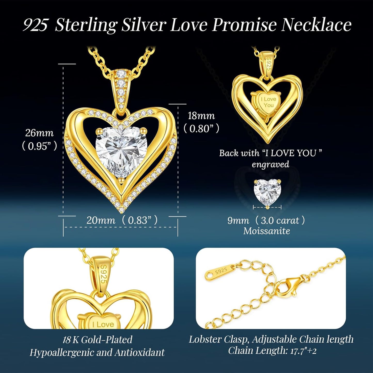 Moissanite Infinity Love Heart Pendant Necklaces for Women, 1-3 Carat 925 Sterling Silver 18K Gold Plated Engraved with"I LOVE YOU', Anniversary Birthday Present Jewelry Christmas Day Gift for Women Wife Girlfriend Her