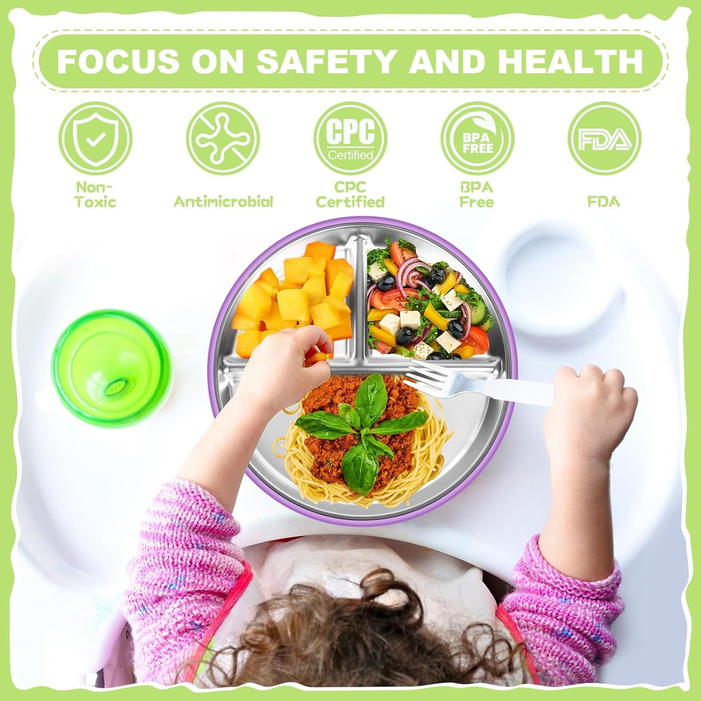 OVV Stainless Steel Kids Plates (2 Pack) – 9 Inch Toddler Divided Plates with ﻿Removable Silicone Sleeves & 5 Suction Cups Baby Self Feeding | Mess-Free Mealtime | Dishwasher Safe