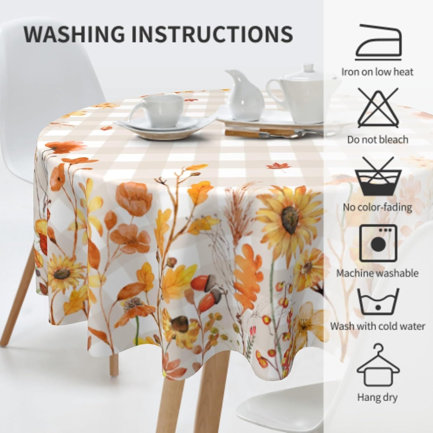 Autumn Floral Tablecloth 60Inch Round Watercolor Fall Flowers Table Cloth with Khaki Buffalo Plaids Orange Wildflower Leaves Table Cover Polyester Washable for Kitchen Dining Picnic Tabletop Decor