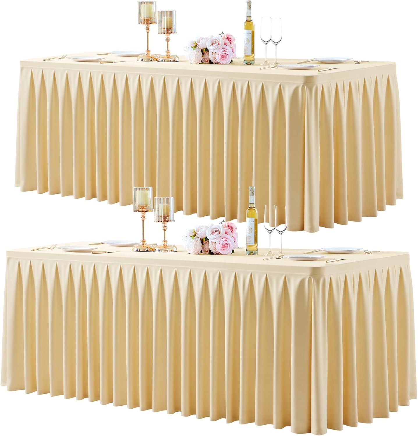2 Pack Beige Rectangle Tablecloth 8 FT Stretch Spandex Fitted Table Cloth for 8 Foot Rectangle Tables Banquet Tablecloths Wrinkle Free Table Cover Skirt Ruffle Tablecloths for Party Wedding Birthday
