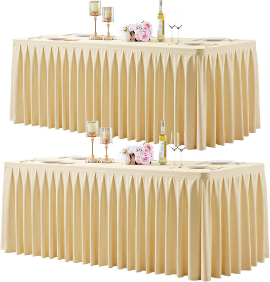 2 Pack Beige Rectangle Tablecloth 6 FT Stretch Spandex Fitted Table Cloth for 6 Foot Rectangle Tables Banquet Tablecloths Wrinkle Free Table Cover Skirt Ruffle Tablecloths for Party Wedding Birthday