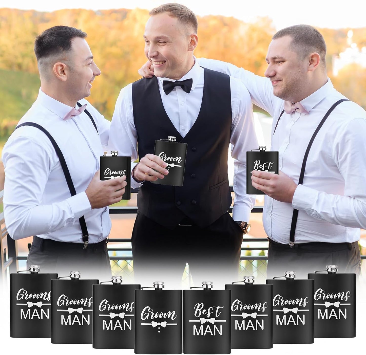 ELEGANTPARK Engraved Groomsman Gifts Set of 8 Groom Best Man Groomsman Flasks Wedding Gifts for Men Bachelor Party Favor Stainless Steel Hip Flask for Liquor with Funnel for Men 8 OZ Black