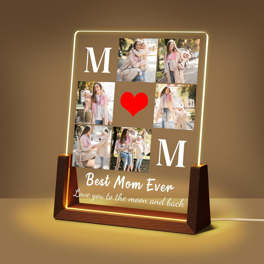 Personalized Mothers Day Birthday Gifts For Mom, Custom Best Mom Ever Gifts From Daughter Son Husband, Customized LED Plaque Picture Frame With Photo Name For Mama Grandma Wife Women Christmas Gift