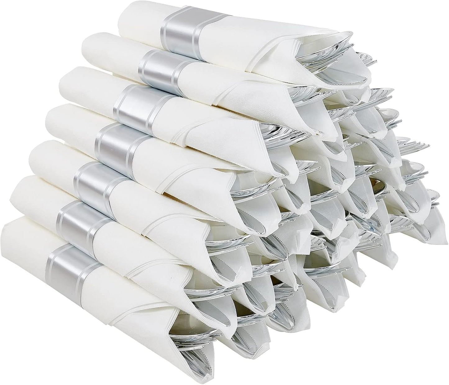 30 Pack Pre Rolled Silver Plastic Silverware, Disposable Cutlery Set- 30 Forks, 30 Spoons, 30 Knives, 30 Napkins, Disposable Heavy Duty Silverware Set for Dinner, Party, Wedding