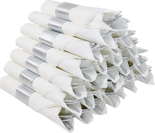 30 Pack Pre Rolled Silver Plastic Silverware, Disposable Cutlery Set- 30 Forks, 30 Spoons, 30 Knives, 30 Napkins, Disposable Heavy Duty Silverware Set for Dinner, Party, Wedding