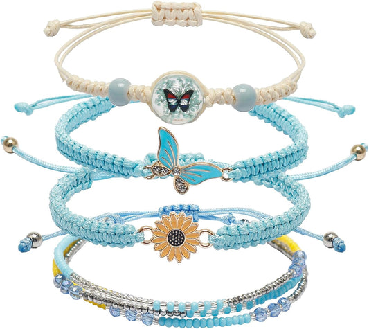 DS 4PCS String beads Charm Bracelets for Teen Girls Dainty cute cartoon Butterfly Daisy Eternal flower Beads Bracelets set for woman and girls Adjustable Stretch bracelet birthday Gift For Friends