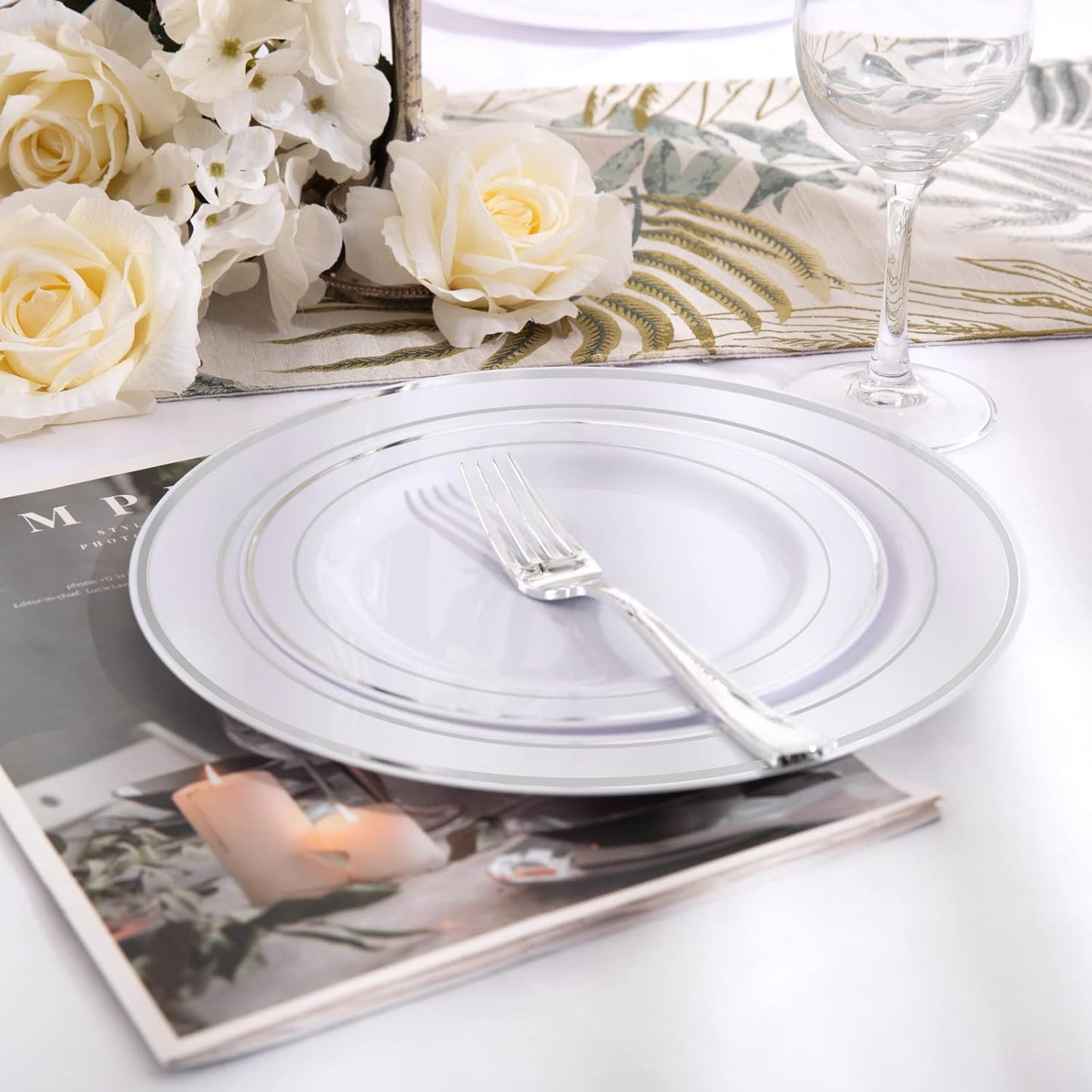 I00000 60pcs Silver Plastic Plates, Disposable Plastic Party Plates with White Silver Rim Heavy Duty Fancy Wedding Party Plates Include 30 Dinner Plates 10.25" and 30 Dessert Appetizer Plates 7.5"
