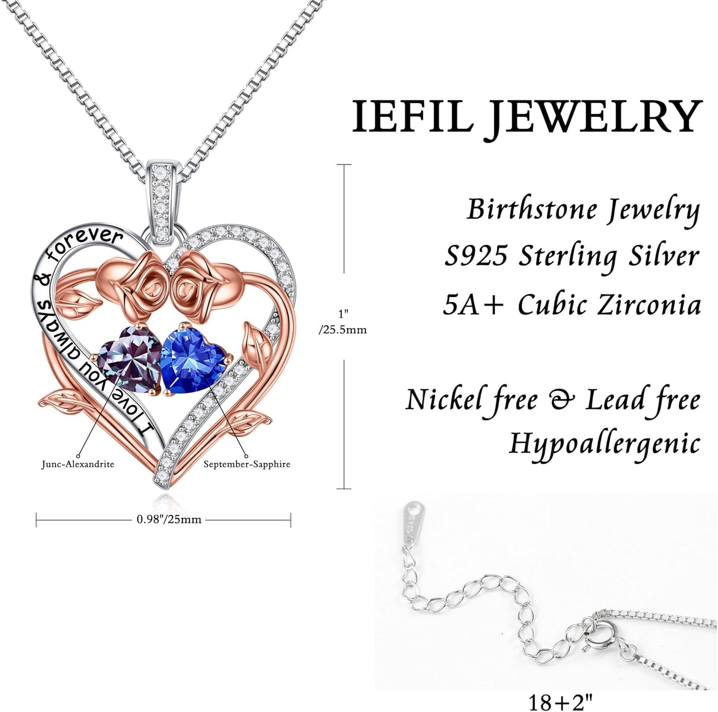 Iefil Rose Heart Double Birthstone Necklace Gifts for Wife Her Mom Women, Birthstone Jewelry Gemstone Birthday Gifts for Girlfriend Grandma Her Wife Women