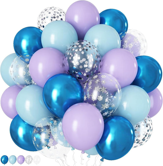 60Pcs Snowflake Balloons, Dusty Light Blue Purple Metallic Dark Blue Snowflake Clear Silver Confetti Latex Balloon for Girls Winter Wonderland Birthday Ice Baby Shower Christmas Party Decorations
