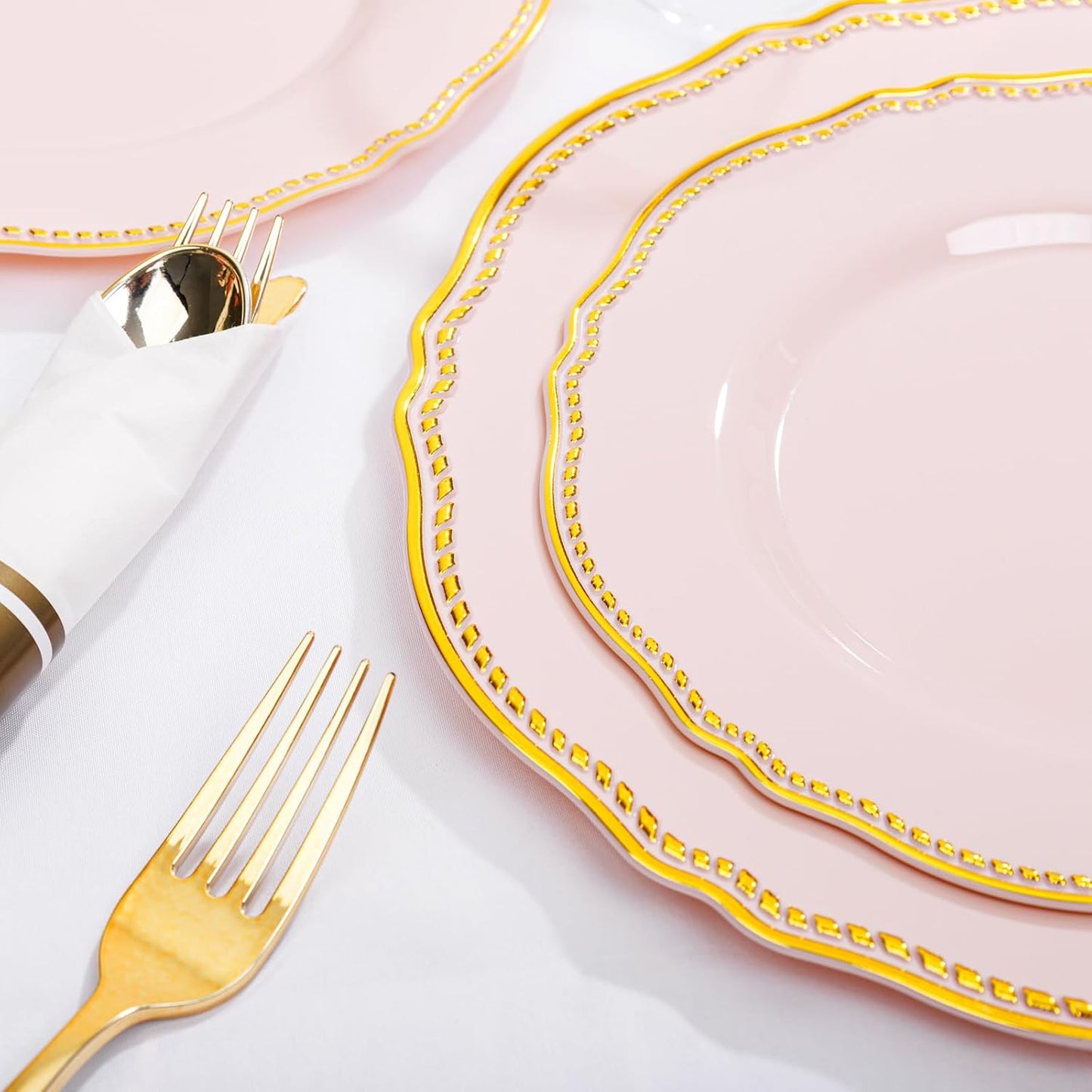 Hioasis 350pcs Pink and gold Plastic Plates - Pink Plastic Dinnerware Set Includes 50 Dinner Plates, 50 Dessert Dinnerware, 50 Cups, 50 Rolled Napkin Cutlery Perfect for Wedding & Party