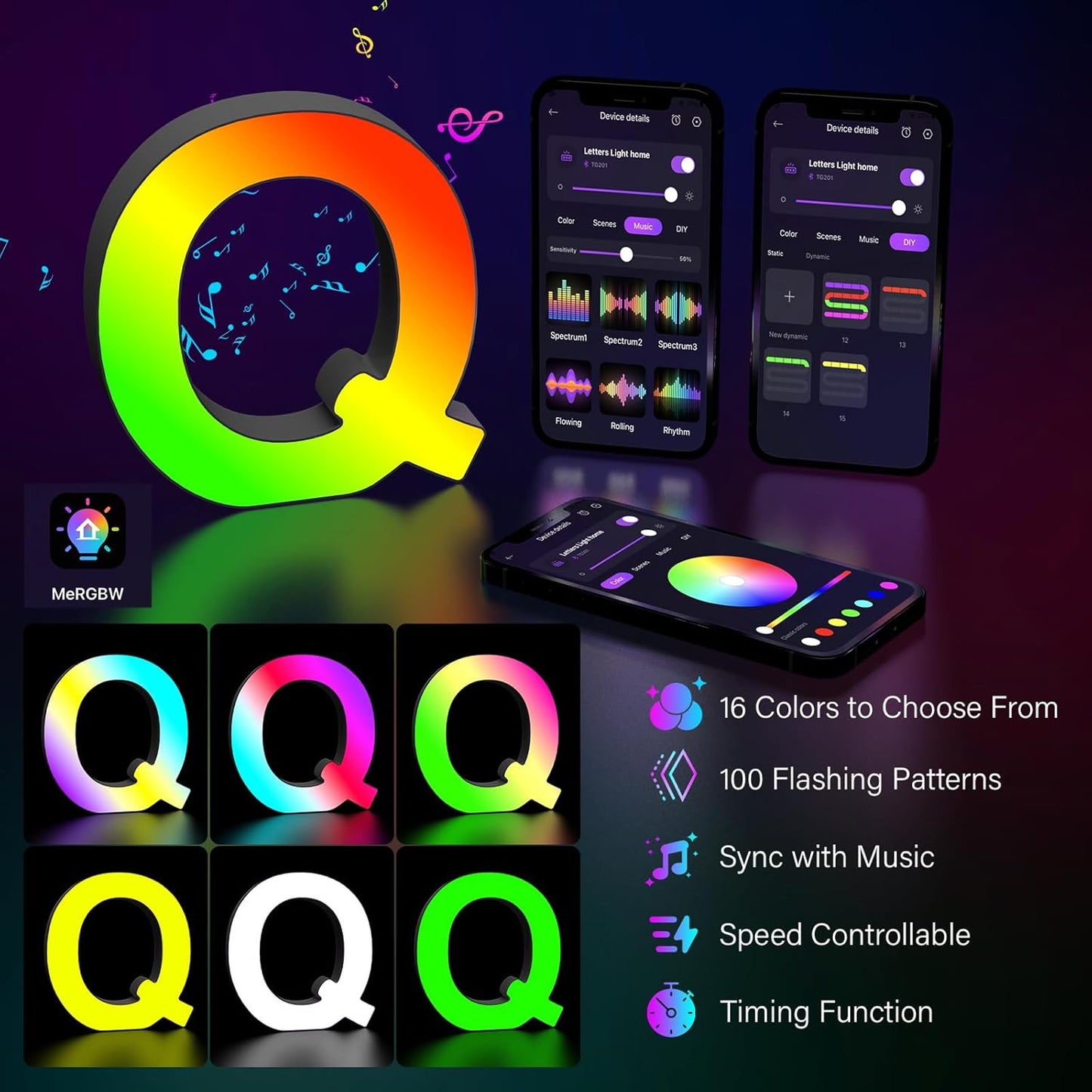 Light Up Letters Marquee Letter - Music Sync RGB Color Changing LED Lights Letter Logo Game Lights for Girls Women Party Birthday Christmas Valentine's Day Wall Desktop Decoration (MRGB-Q)