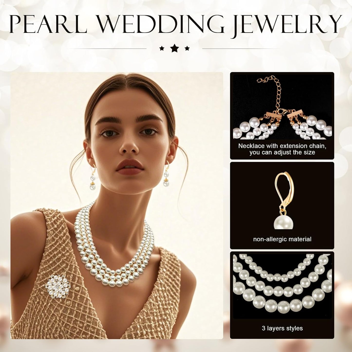 Pearl Jewelry Set for Women Faux Pearl Costume Jewelry Set with Necklace, Bracelets, Ring, Earrings for Wedding Bridal Birthday Tea Party