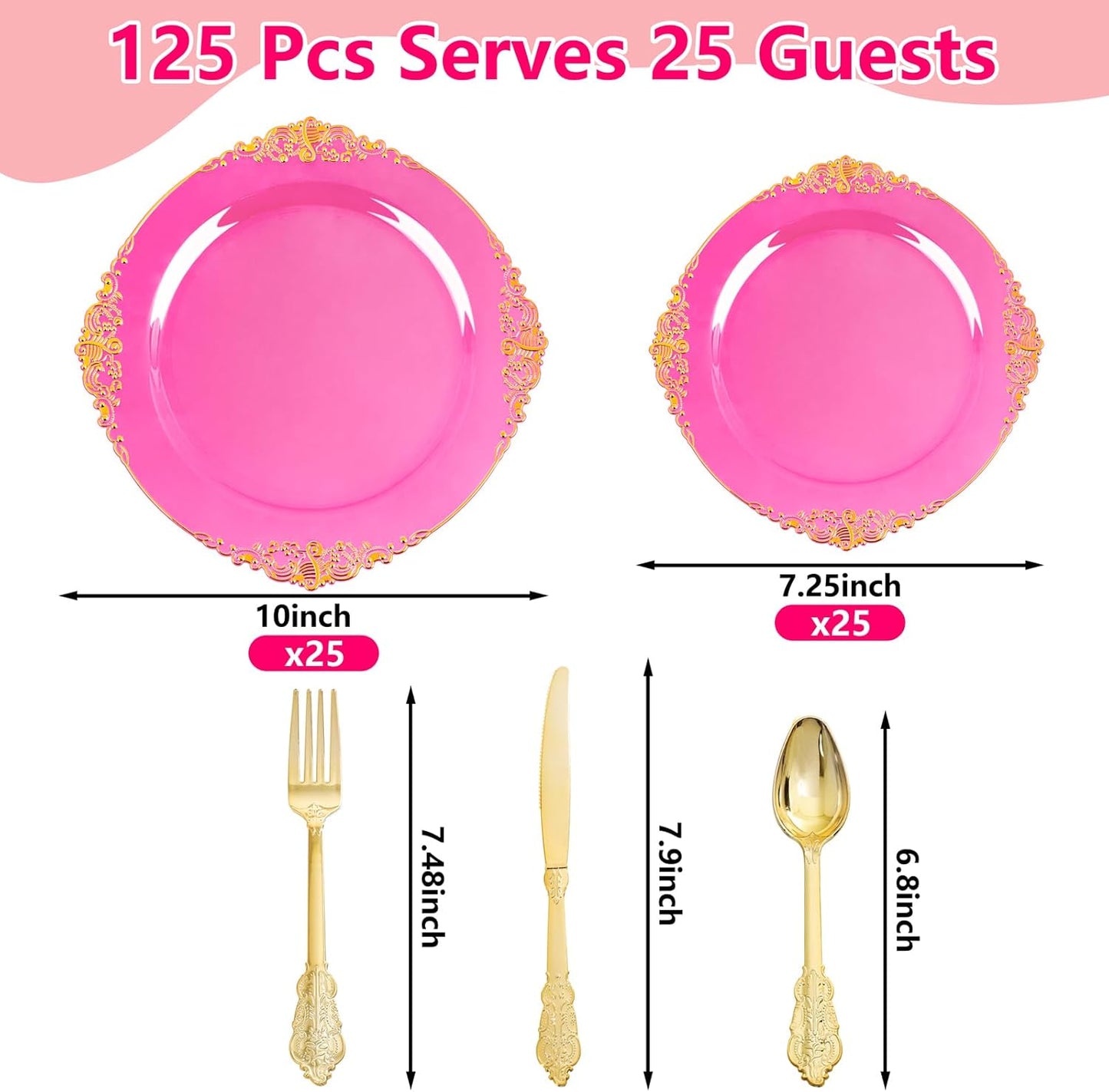 125PCS Hot Pink Plastic Plates - Clear Pink Gold Disposable Plates - Hot Pink Party Plate with Gold Plastic Silverware Set for 25 Guests for Wedding Party Birthday
