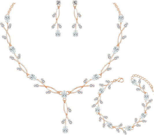 Elegant Bridal Jewelry Sets Clear Cubic Zirconia Wedding Necklace Earrings Bracelet Set for Birdes Bridesmaids CZ Prom Jewelry