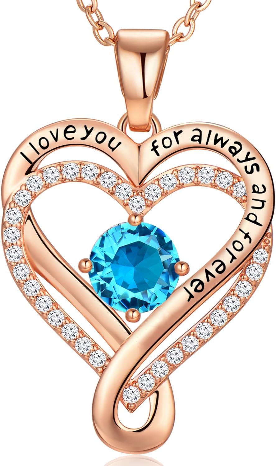 18K Rose Gold Infinity Love Heart Birthstone Necklace for Women Wife, Anniversary for Women Wife Birthday Gift for Her Girlfriend Mom Daughters, I Love You Women's Jewelry S925 Sterling Silver