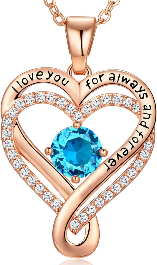 18K Rose Gold Infinity Love Heart Birthstone Necklace for Women Wife, Anniversary for Women Wife Birthday Gift for Her Girlfriend Mom Daughters, I Love You Women's Jewelry S925 Sterling Silver