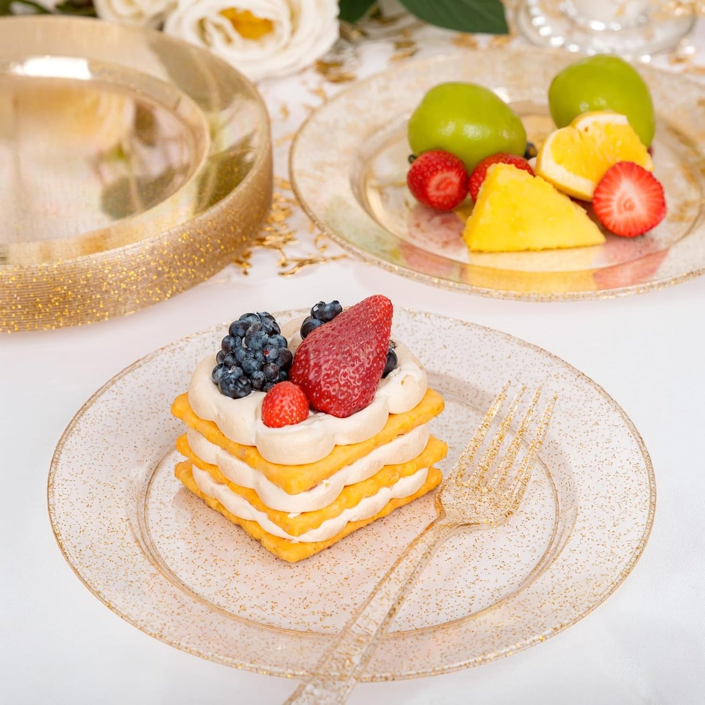 200 Pcs Gold Glitter Plastic Plates - Disposable Party Plates, Gold Glitter Disposable Plate Include 100 Dinner Plate and 100 Dessert Plate, Plastic Plate for Party, Holiday, Wedding & Birthday
