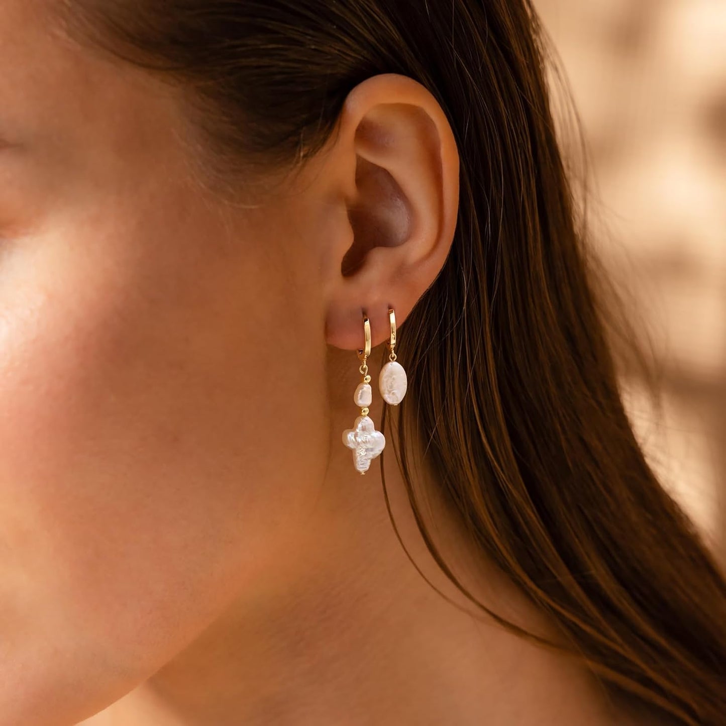 Moodear Gold Earrings for Women No Tarnish - Trendy 14K Gold Plated Pearl Hoop Studs Chain Earrings Stacks for Women Wedding Jewelry Gift