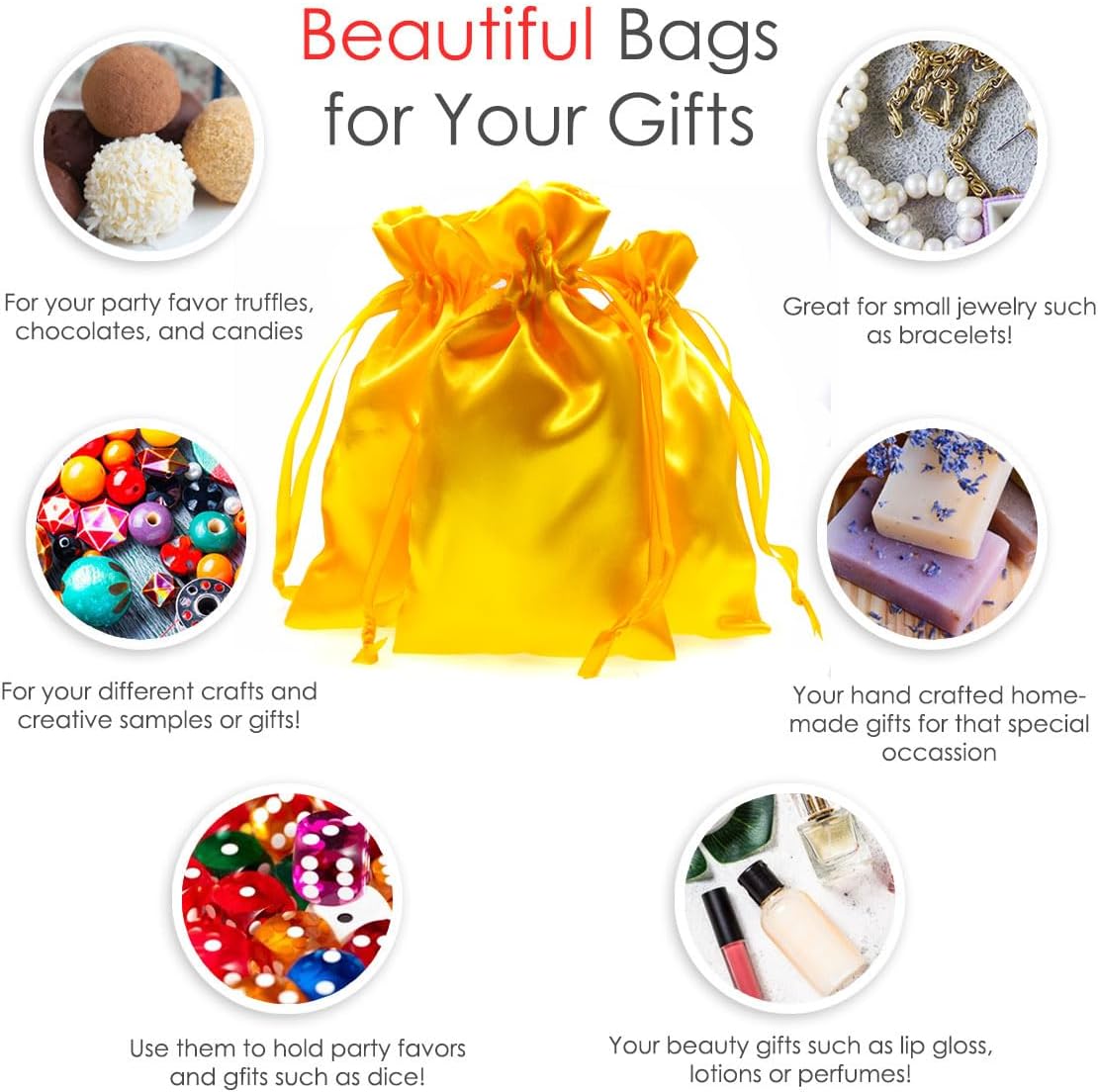 Knitial 5" x 8" Golden Yellow Satin Gift Bags, Jewelry, Wedding Favor Silky Drawstring Bags Baby Shower Christmas 50 Count