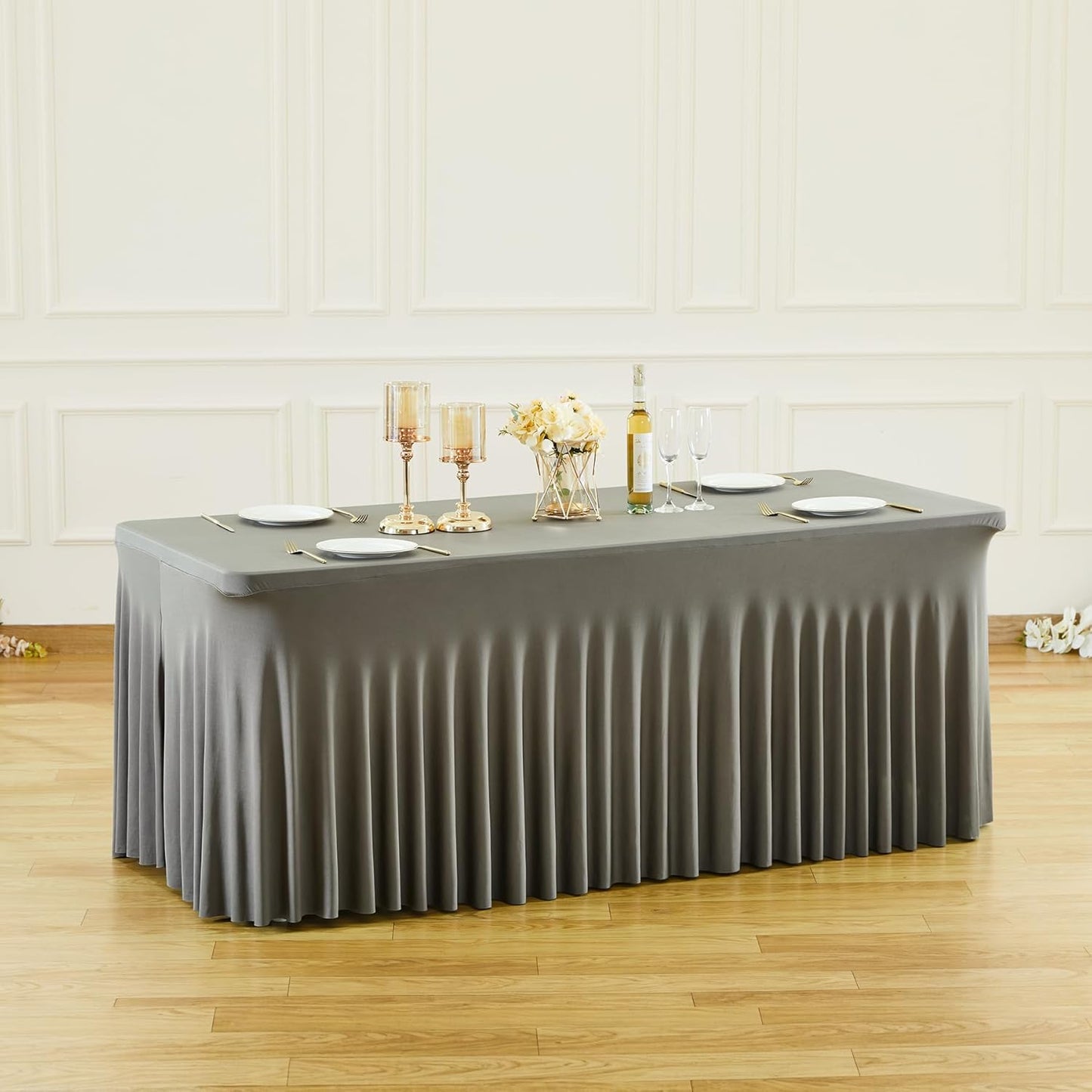 PARTISKY Gray Spandex Tablecloth for 8ft Rectangle Tables, Stretchable Table Cover Skirt for Folding Tables Weddings Parties Banquets Events Trade Shows and Dessert Table