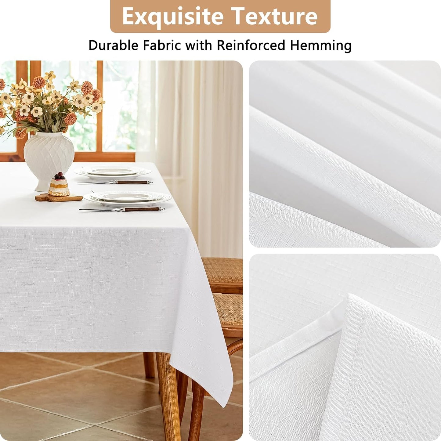 Fabric White Rectangle Table Cloth, Faux Linen Textured Spill Proof & Washable Rectangular Tablecloth, Reusable for Dinning Wedding Banquet, 52 x 70 Inch