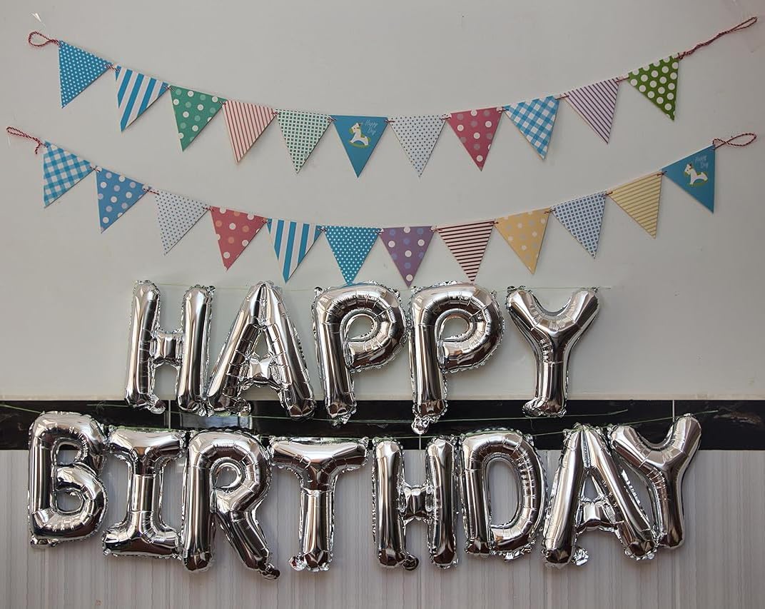 Silver Happy Birthday Balloon Banner, 16 Inch Foil Mylar Happy Birthday Balloons Letters, Reusable Happy Birthday Sign, Silver Birthday Decorations for Women, Men, Boys and Girls