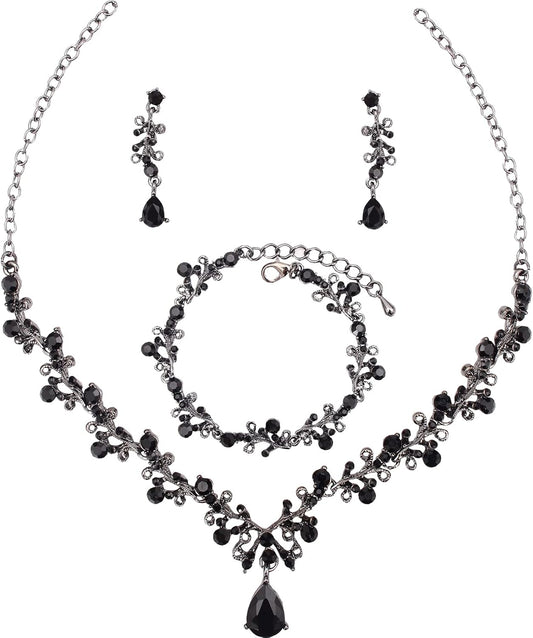 3Pcs Austrian Crystal Jewelry Set for Women, Necklace Dangle Earrings Link Bracelet Jewelry Set with Gold/Platinum/Gun Plated, Wedding Party Jewelry for Bridal Bridesmaid