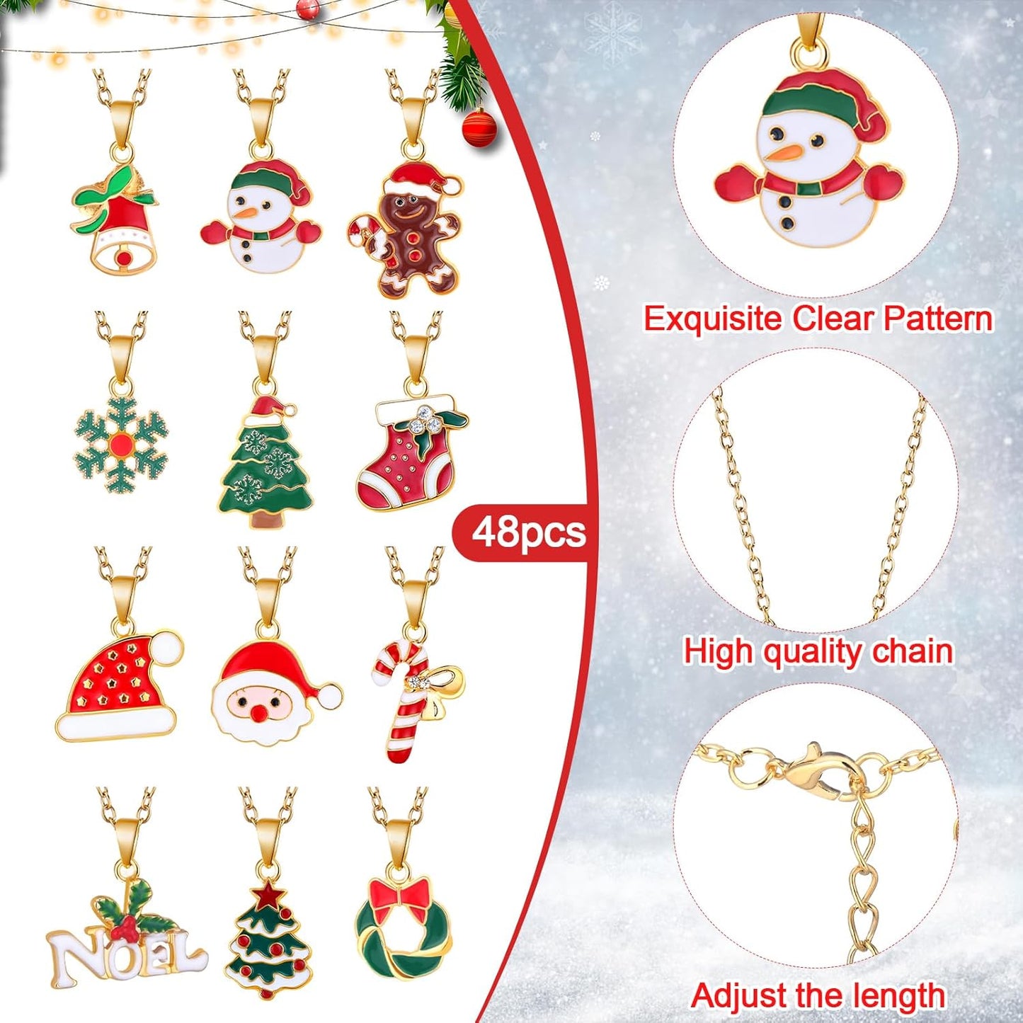 Cunno 48 Pieces Christmas Necklaces Bulk Crystal Xmas Tree Santa Reindeer Pendant Necklace Women Bell Snow Christmas Cute Charm Jewelry Gifts for Wife Mother Friends Sister