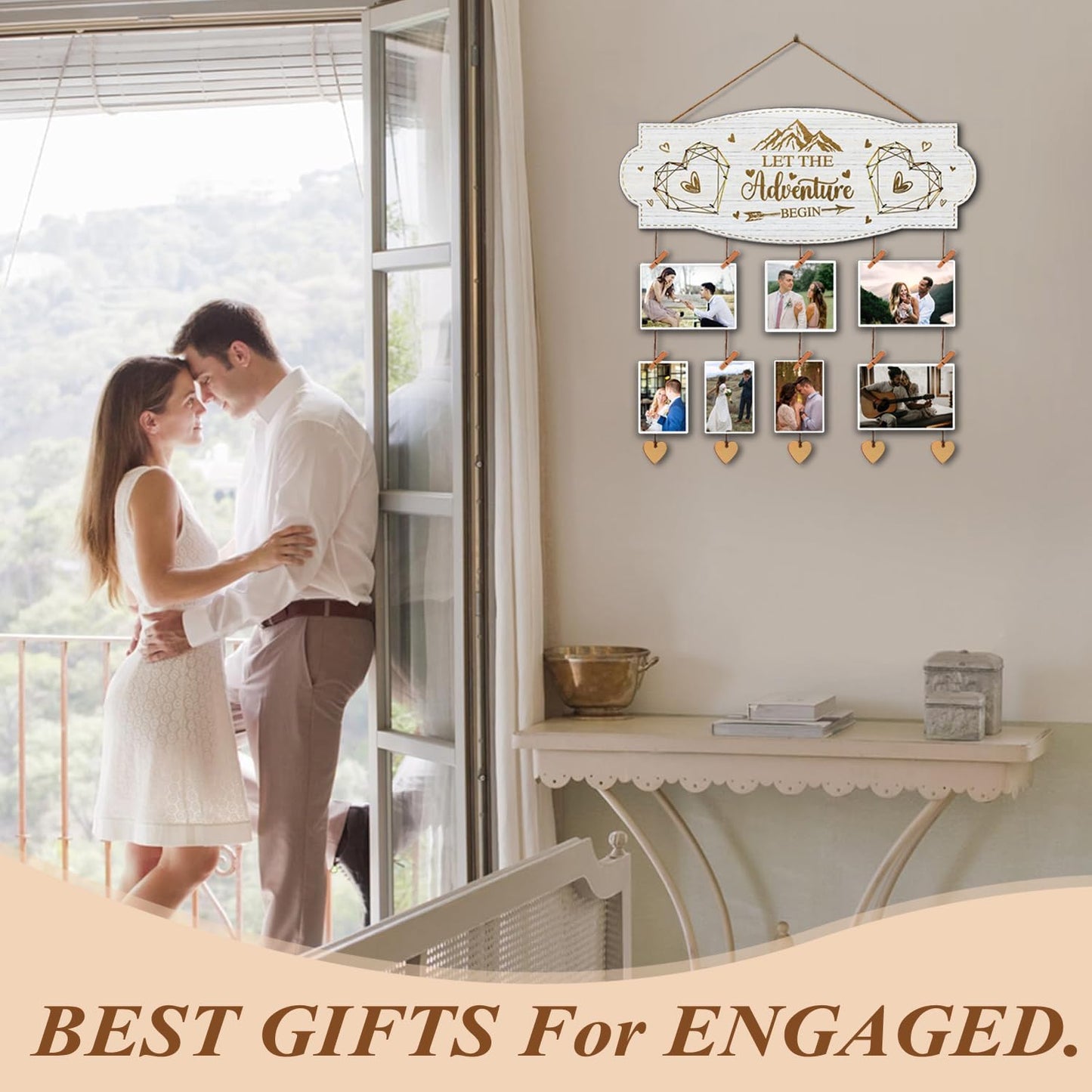 Yudarte Wedding Engagement Gifts for Women Bride to Be - Romantic Wall Picture Display Board with Clothespins and Twine for Newly Engaged Couples - Let the Adventure Begin
