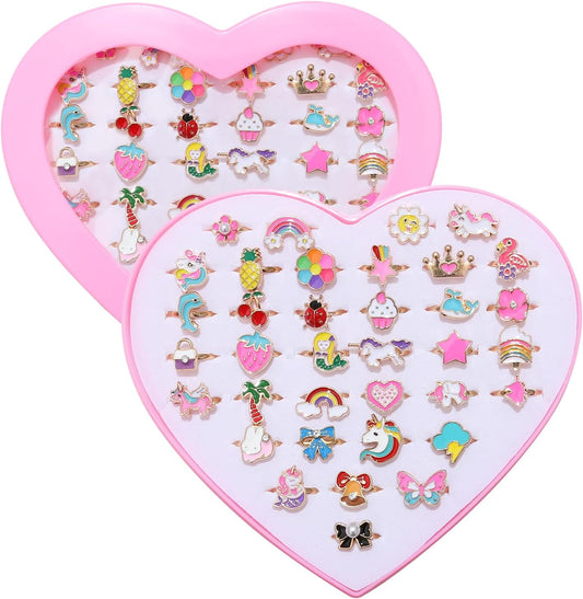 36pcs Little Girl Jewel Rings, Adjustable Unicorn Rings Toys, No Duplication Kids Play Ring in Box,Dress Up for 4-12 Year Old Girls, Birthday Christmas Valentine's Day Holiday Gifts