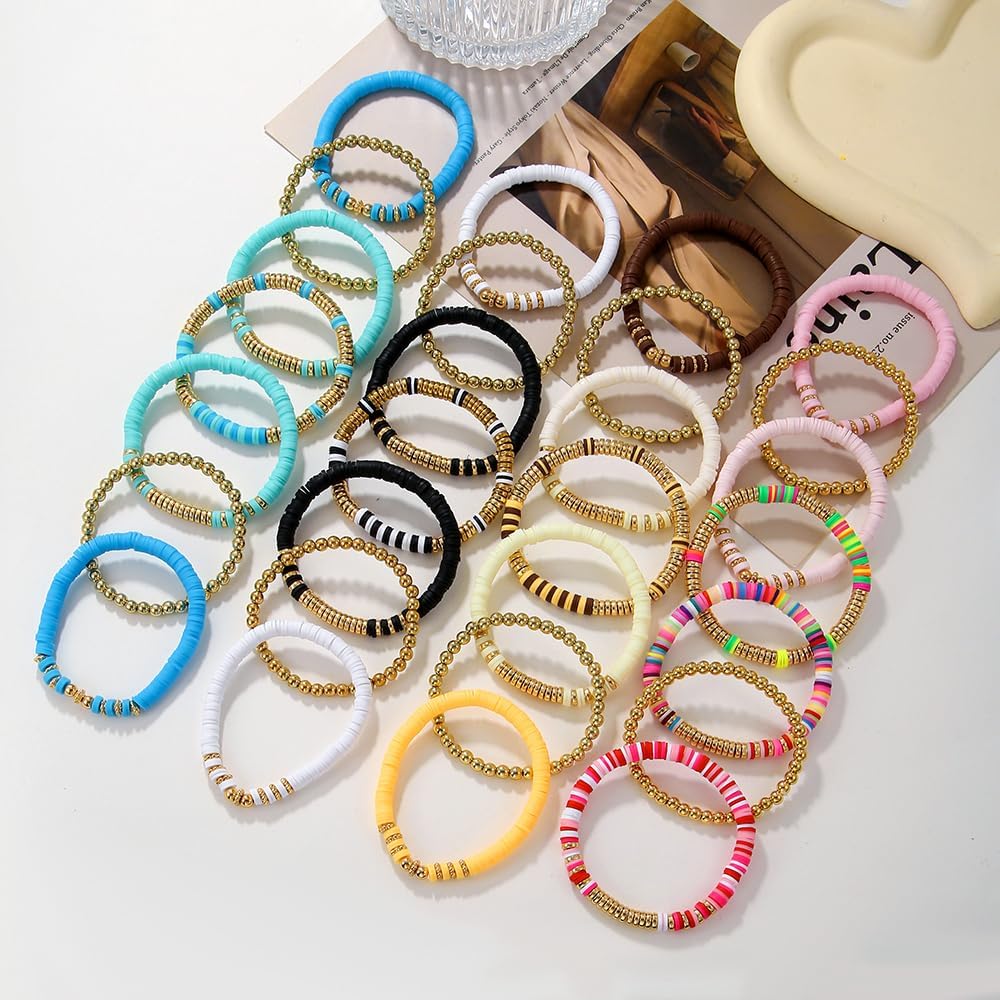 Friendship Bracelets for Women - Heishi Surfer Colorful Smile Evil Eye Clay Beaded Stretch Bracelets Elastic Layering - Stackable Boho Disc Y2K Aesthetic Summer Jewelry Set.