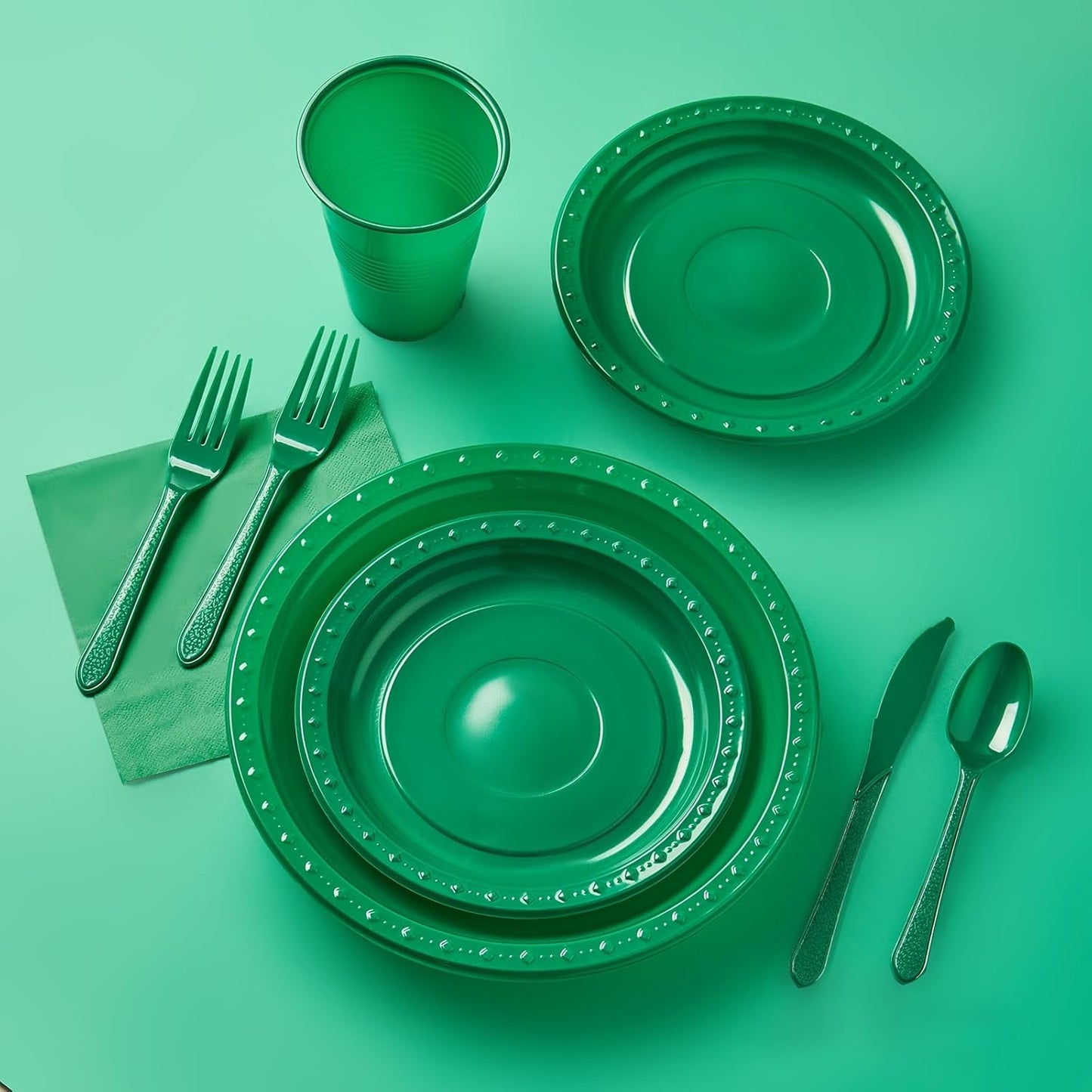 FULING 175 PCS Green Party Supplies Disposable Dinnerware Set Plastic Plates and Paper Napkins Cups Silverware Serve 25 Sets for Birthday Bridal Shower Wedding Engagement Christmas Parties