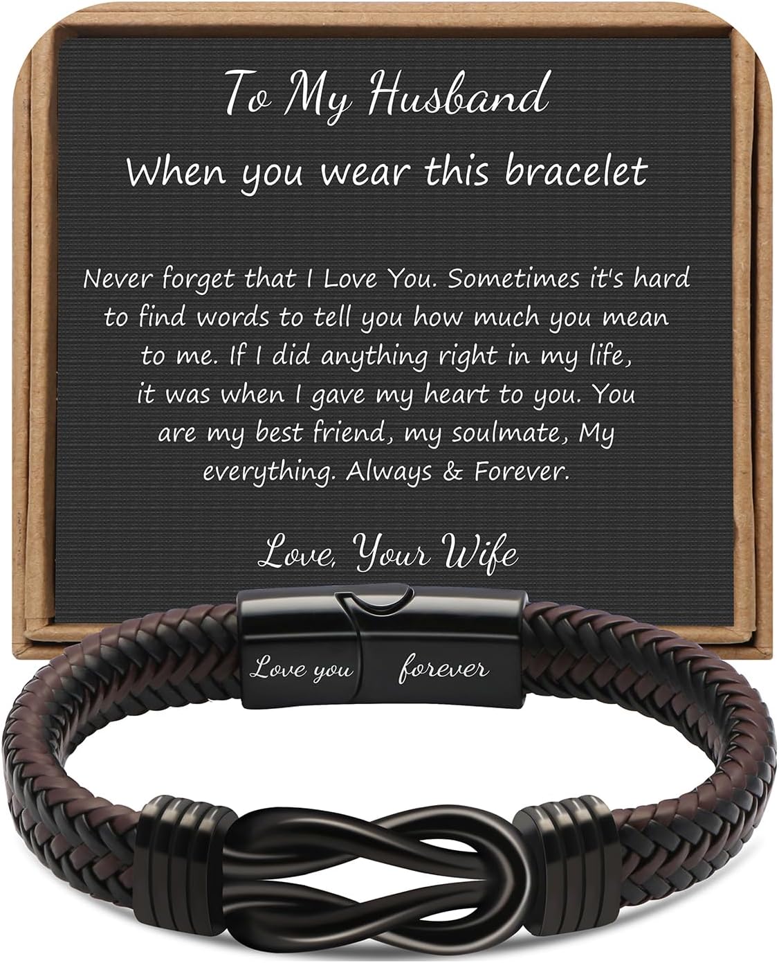 𝗞𝗻𝗼𝘁 𝗕𝗿𝗮𝗰𝗲𝗹𝗲𝘁 𝗚𝗶𝗳𝘁𝘀 𝗳𝗼𝗿 𝗠𝗲𝗻 Brown Braided Leather Stainless Steel Infinity Bracelets Lettering Love You Forever Gifts for Son Grandson Husband Boyfriend Brother Always Linked Together