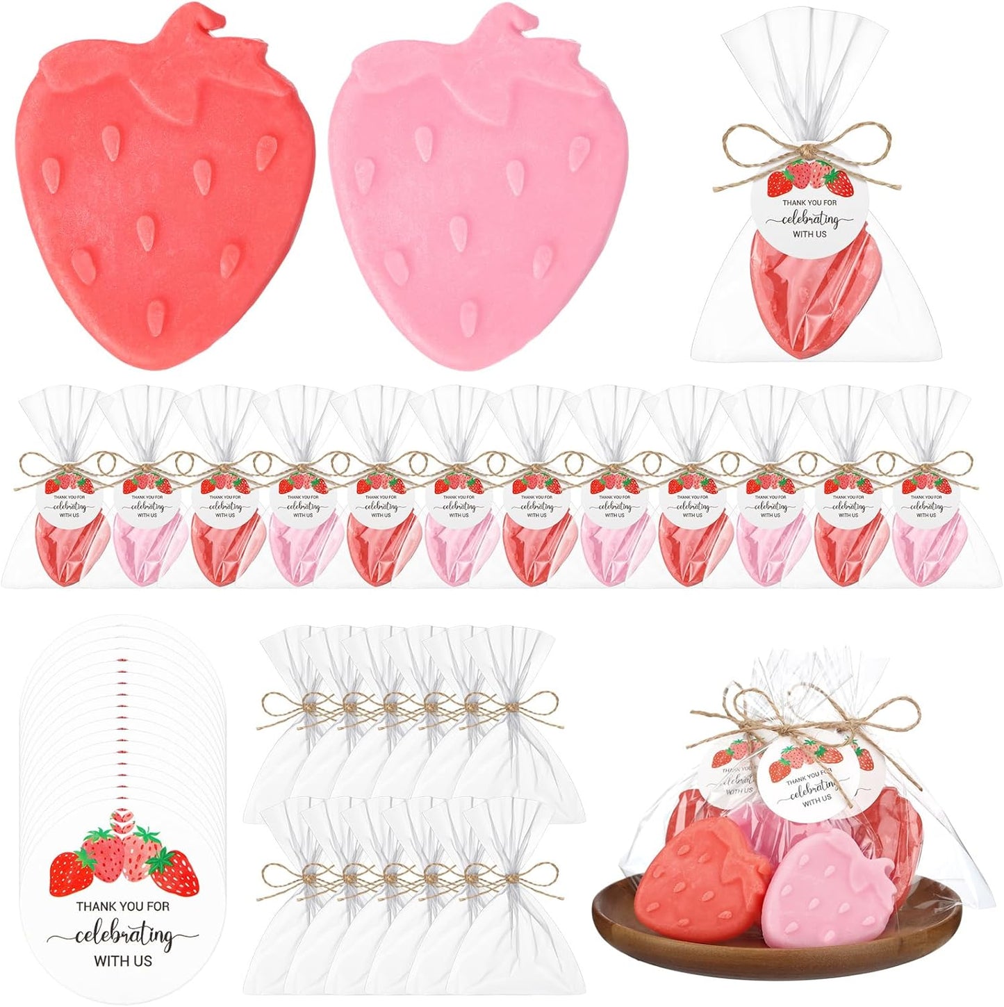 Leelosp 20 Sets Strawberry Soap Strawberry Baby Shower Favors Red and Pink Handmade Soaps with Thank You Tags Return Gift Bag for Guests Girl Gender Reveal Party Favor