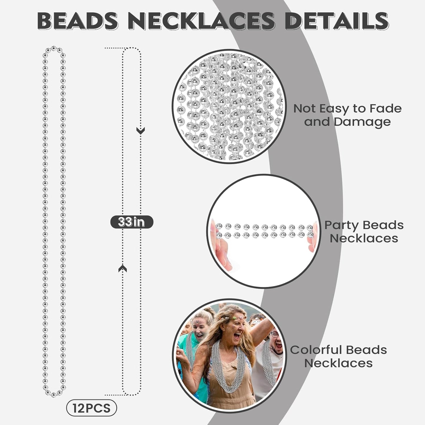 SHAOQINLIN 100 PCS Silver Mardi Gras Beads, 33" Silver Christmas Beads Necklaces, Metallic Patriotic Beads Necklaces, Parade Throws Accessories for Christmas Independence Day New Year Party Favors