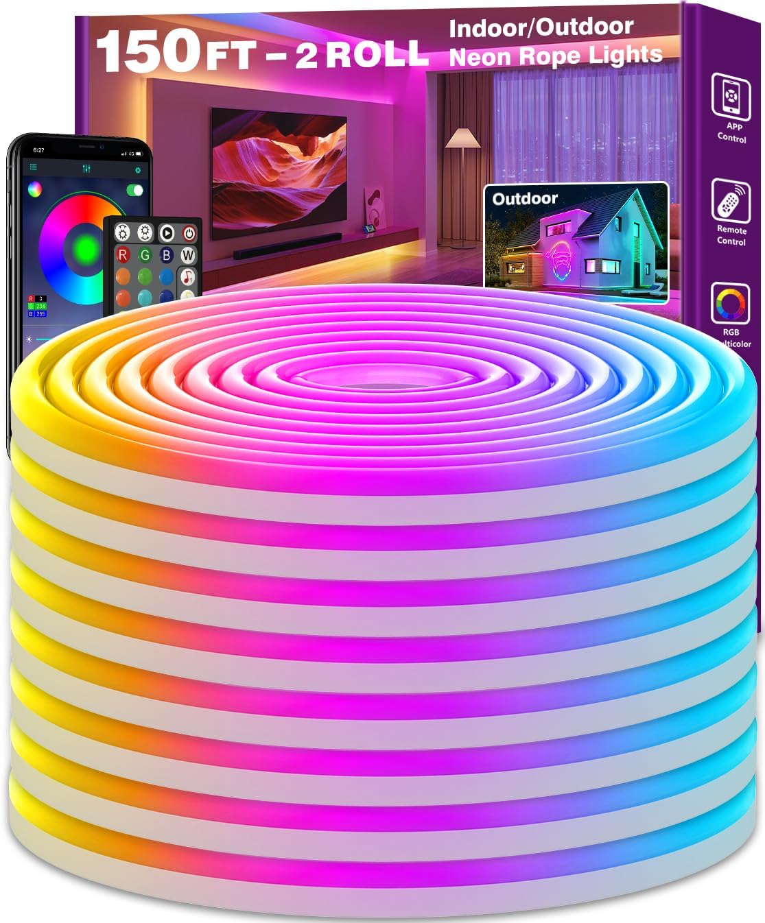SINLEY Led Neon Rope Lights 150FT,Control with App/Remote,Flexible Led Rope Lights,Multiple Modes,IP68 Outdoor RGB Neon Lights Waterproof,Music Sync Gaming Led Strip Lights for Bedroom Indoor