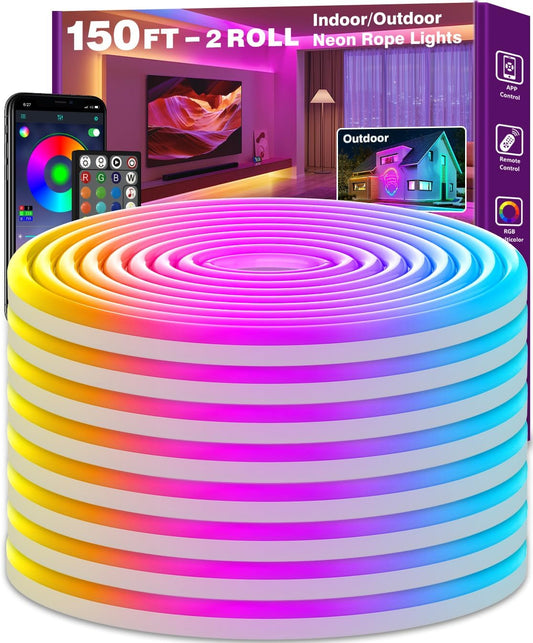 SINLEY Led Neon Rope Lights 150FT,Control with App/Remote,Flexible Led Rope Lights,Multiple Modes,IP68 Outdoor RGB Neon Lights Waterproof,Music Sync Gaming Led Strip Lights for Bedroom Indoor