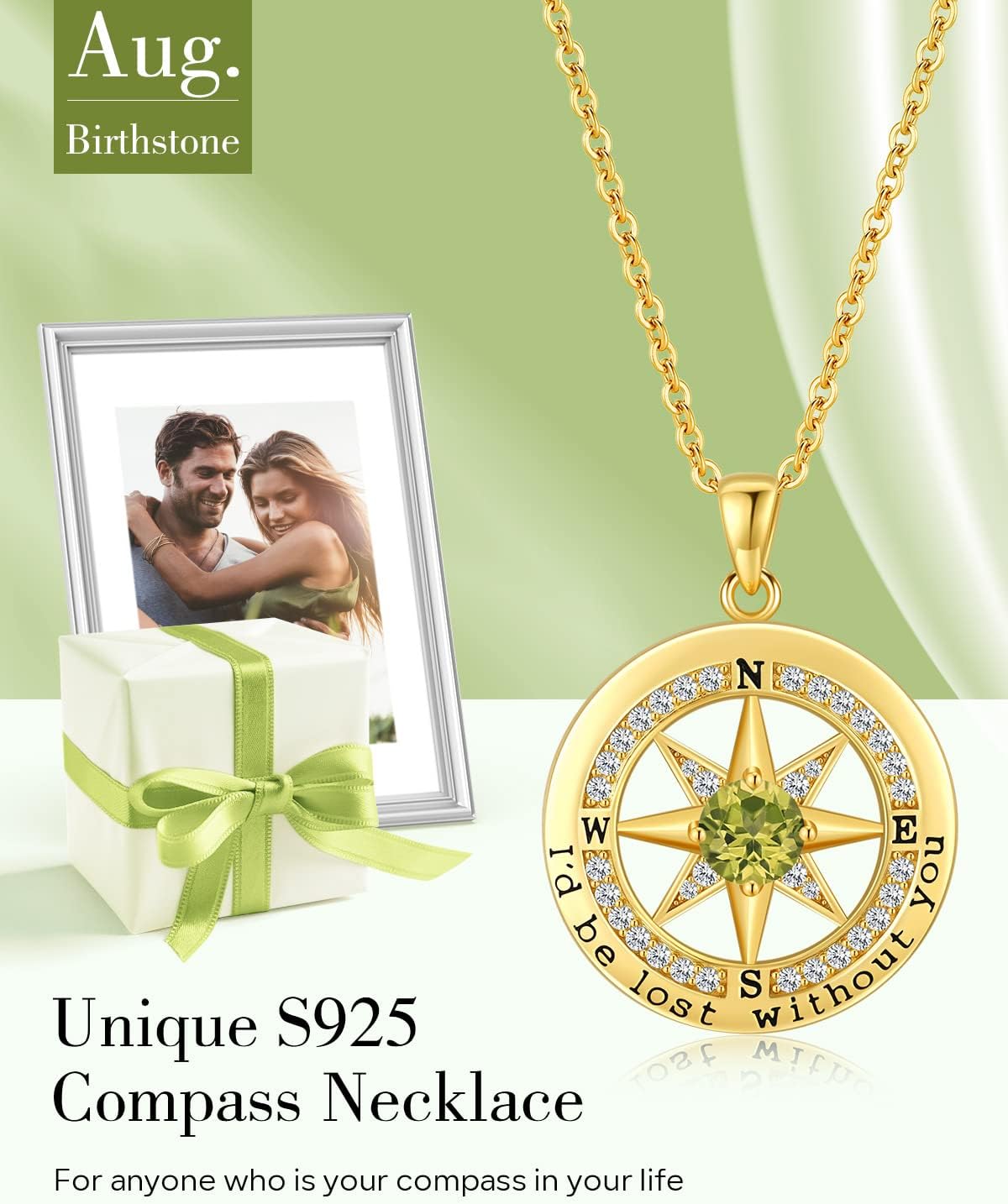S925 Necklace Gift for Wife |Compass Jewelry |Women Anniversary |Sterling Silver |Girlfriend Birthday Gifts for Her Valentines |I'd be Lost without You |Jewel 18K Gold