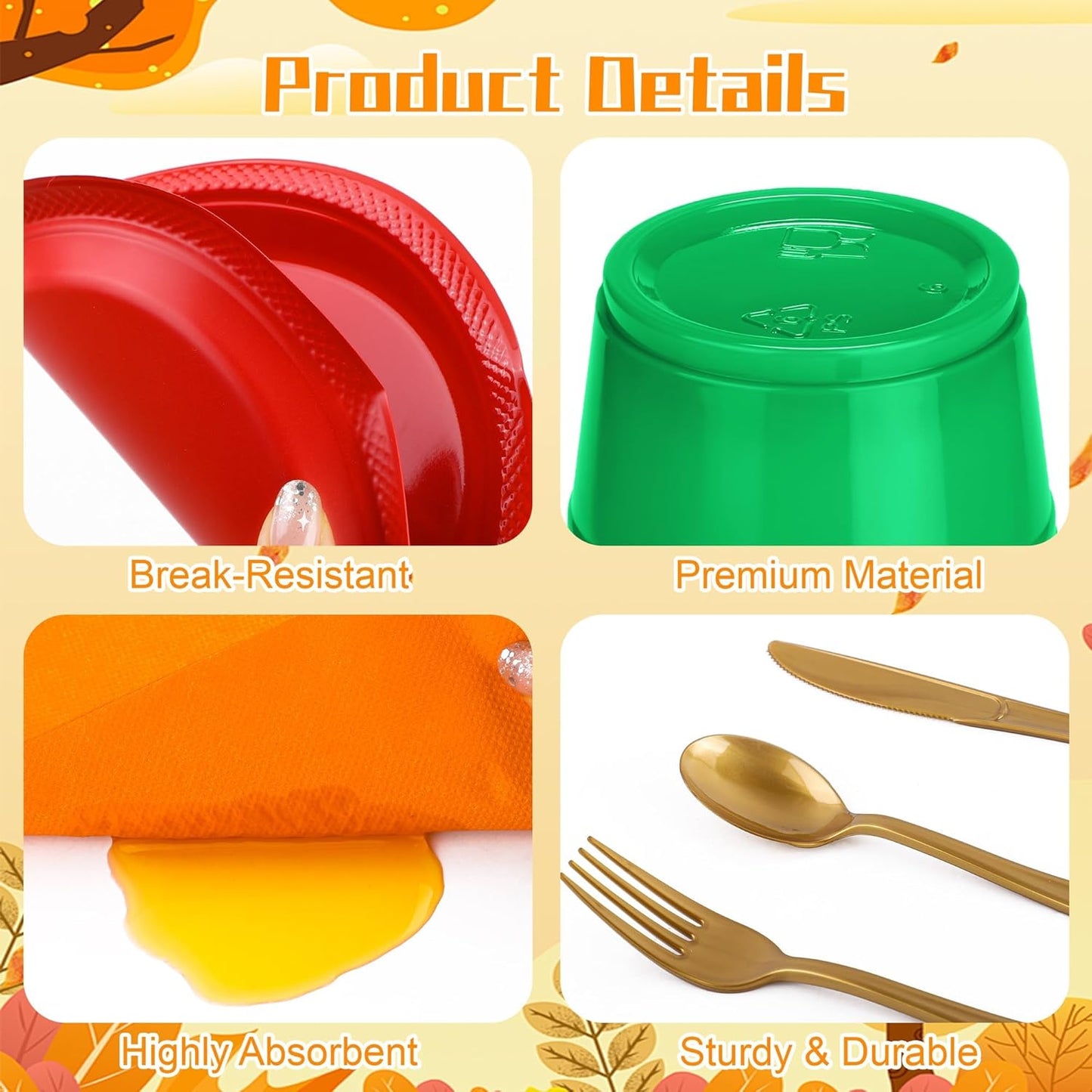 Aodaer 200 Pieces Fall Thanksgiving Party Supplies Disposable Autumn Dinnerware Set Include Plastic Dinner Dessert Plates Cups Cutlery Paper Napkins for Fall Harvest Thanksgiving Party, Serve 25 Guest