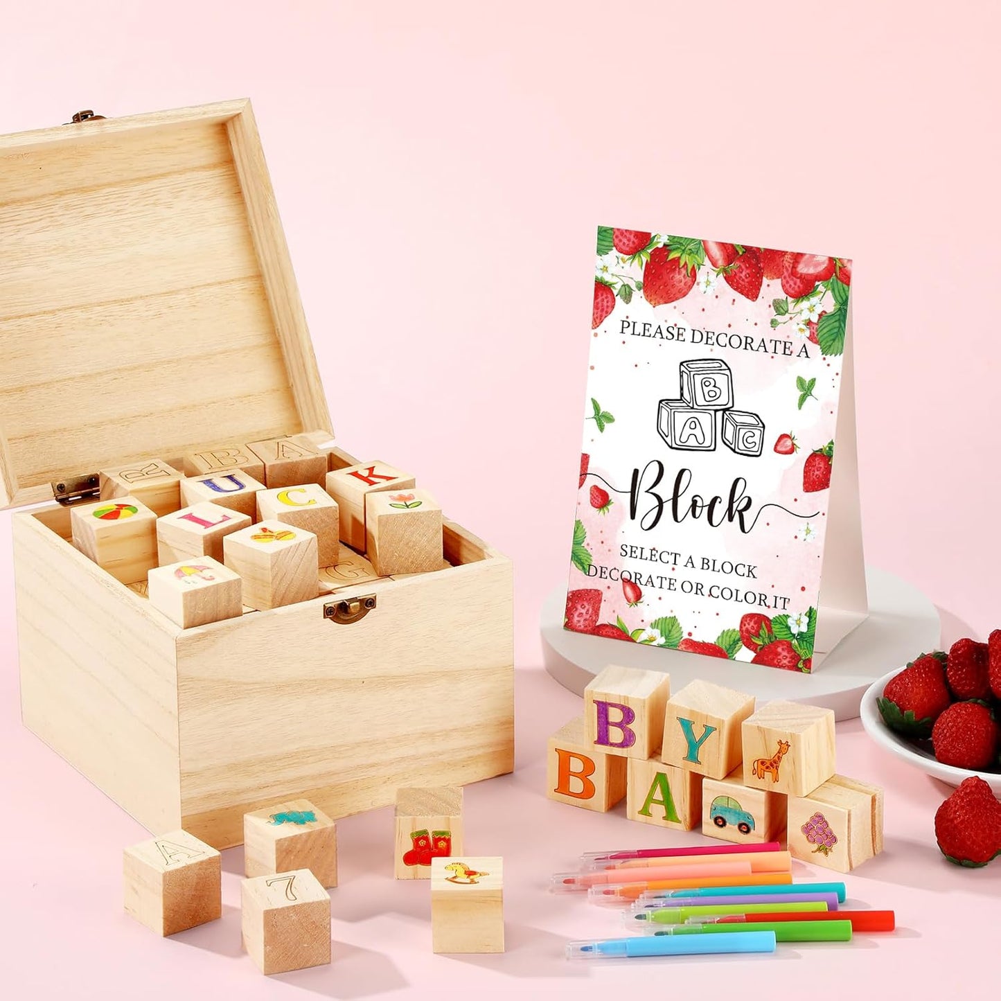 Marsui 136 Pcs Baby Shower Blocks to Decorate Game Kit Includes 98 Wooden Blocks, 36 Markers, 1 Game Sign, 1 Storage Box for Baby Shower Gender Reveal Activity Party Decorations(Strawberry)