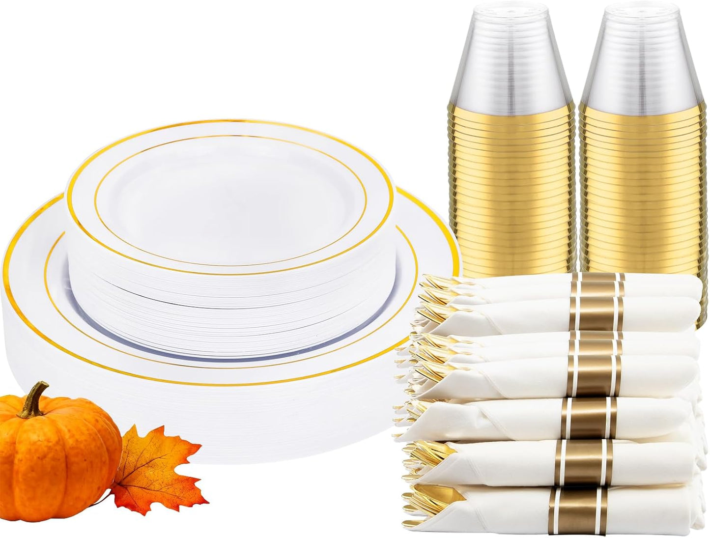 DaYammi 210PCS Gold Plastic Dinnerware Set Thanksgiving Plates Disposable Disposable Plates for Party, Include: 30 Dinner Plates, 30 Dessert Plates, 30 Pre Rolled Napkins with Gold Silverware, 30 Cups