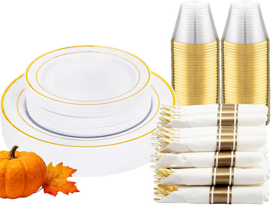 DaYammi 210PCS Gold Plastic Dinnerware Set Thanksgiving Plates Disposable Disposable Plates for Party, Include: 30 Dinner Plates, 30 Dessert Plates, 30 Pre Rolled Napkins with Gold Silverware, 30 Cups