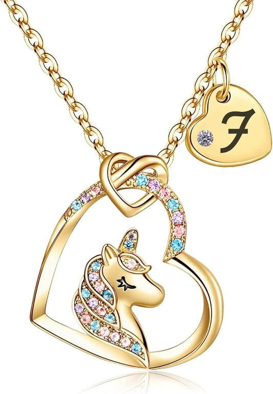 Unicorn Necklace for Girls Kids with Personalized Initial Heart Pendant, 18K Gold Fashion Jewelry for Girls, Colorful Heart Necklace for Birthday Gifts.