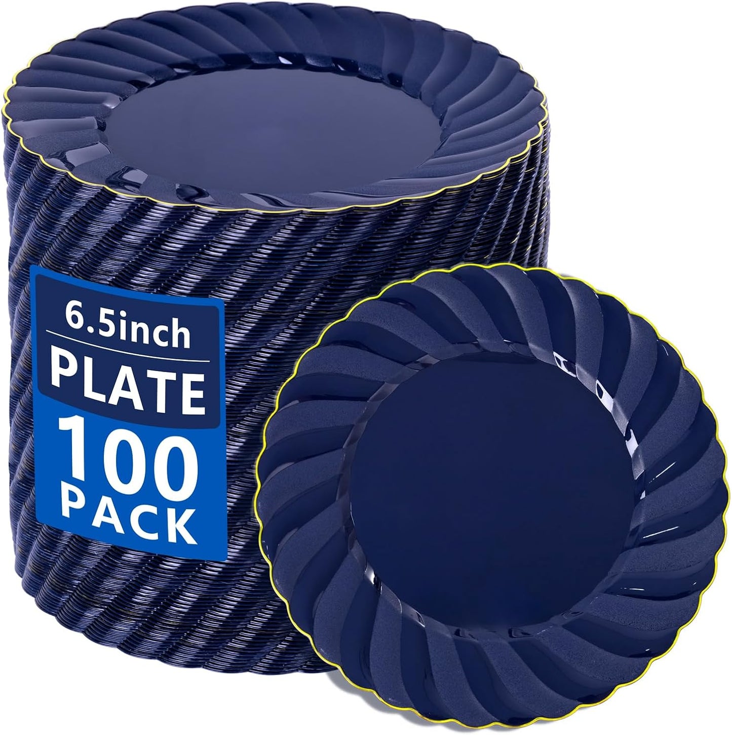 YOUBET 100 Pack Blue Scalloped Plastic Plates - 6.5 Inch Navy Blue Disposable Plates - High End Elegant Vintage Dessert Plate for Party & Weeding & Birthday