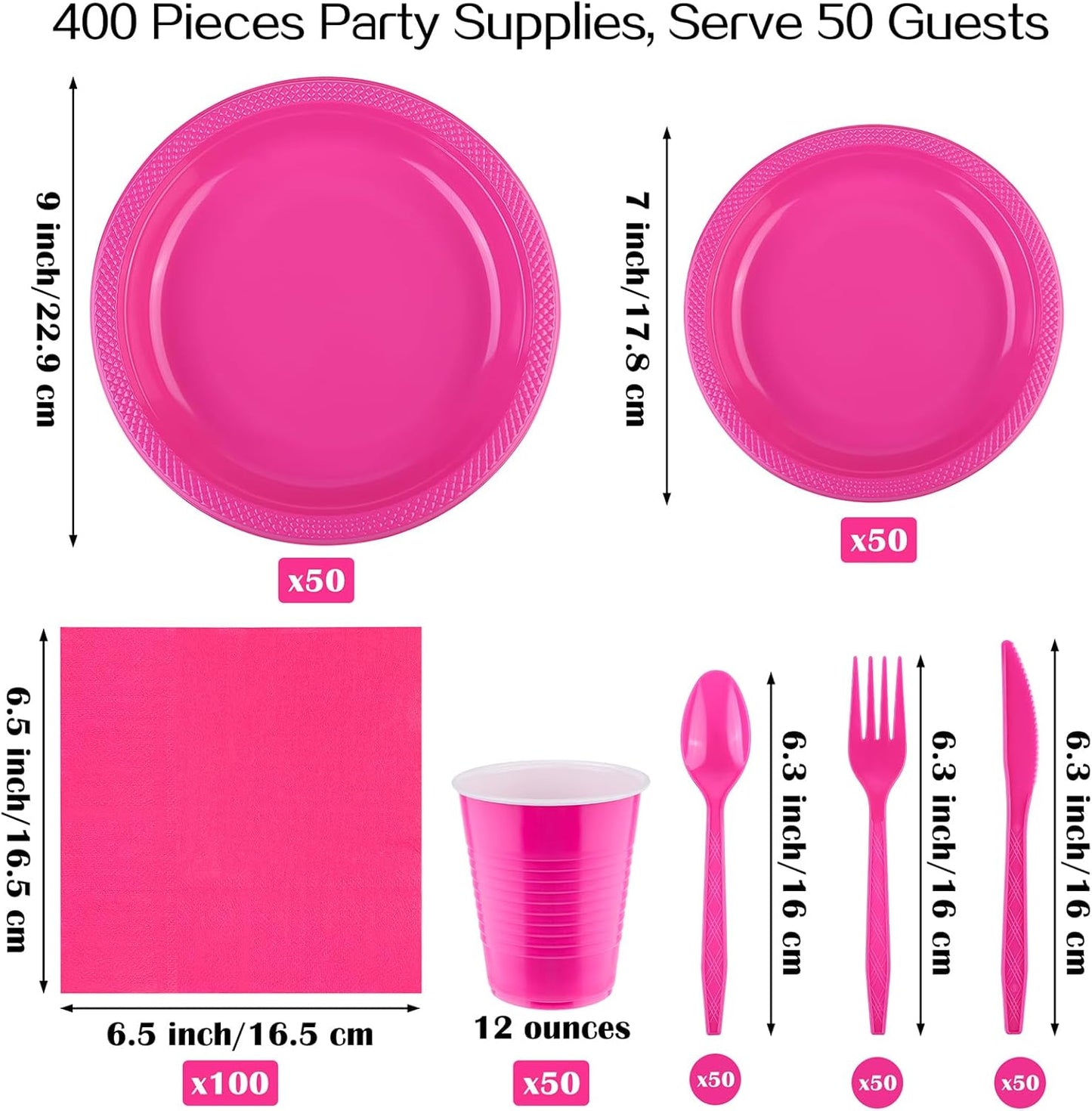 Aodaer 400 Pieces Hot Pink Party Supplies Disposable Dinnerware Set Include Plastic Plates Cups Knives Forks Spoons Paper Napkins for Birthday Wedding Graduation Parties, Serve 50 Guests