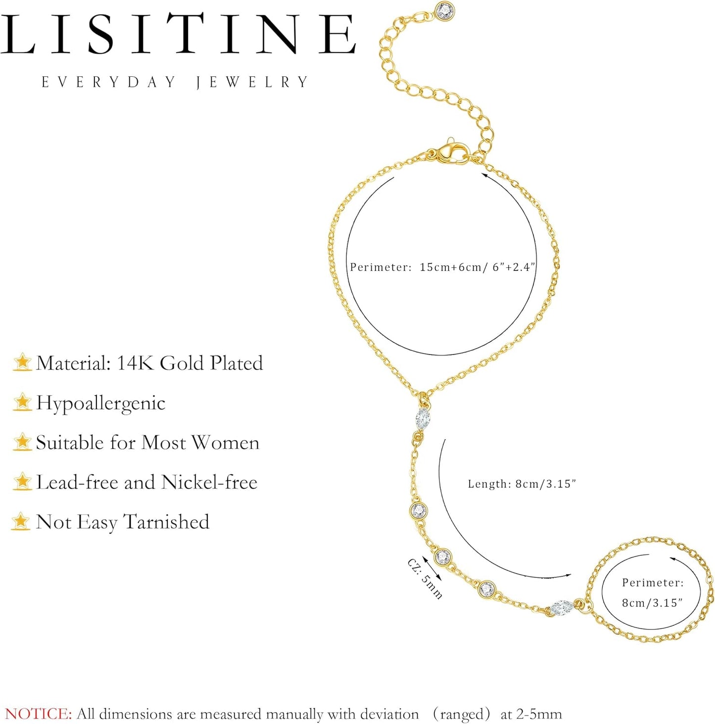 Listine Hand Chain Bracelet 14K Gold Plated Ring Bracelet Hand Chain Trendy Stuff for Women Dainty Hand Bracelets with Finger Ring Hand Jewelry for Women