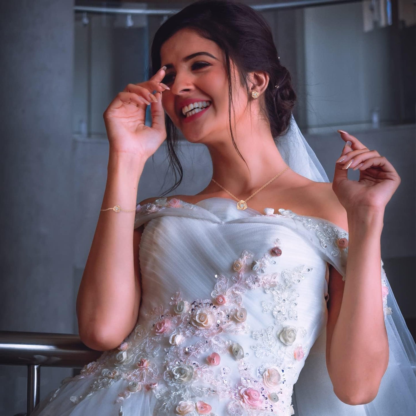 DHQH Cubic Zirconia Teardrop Necklace and Earring Set for Wedding with Crystal Link Bracelet Bridesmaids Jewelry Sets for Women Wedding Party Jewelry for Bridal Bridesmaid