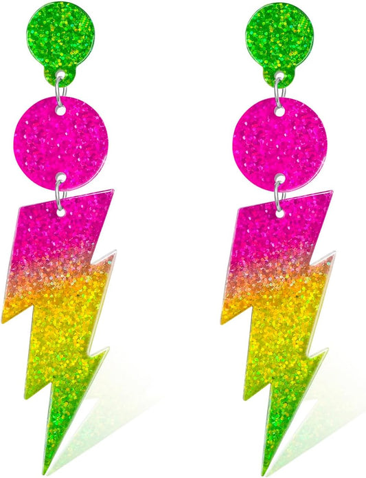 Nanafast 80S Neon Earrings Lightning Bolt Dangle Earrings for Women, 80s Accessories for Women Colorful Gradient Neon Jewelry