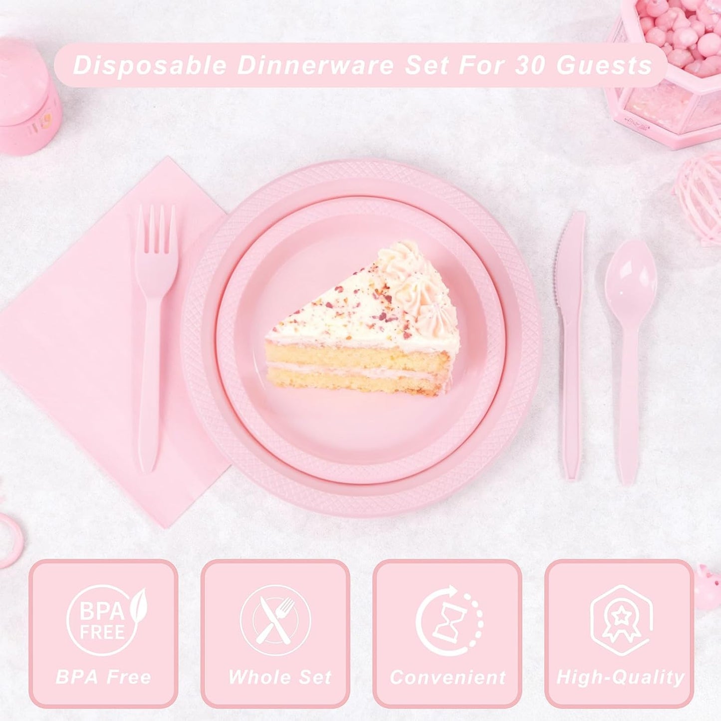 WELLIFE 210Pcs Pink Plastic Plates,Disposable Dinnerware Set,Party Supplies Including Pink plates, 12oz Cups, plastic Cutlery and Napkins Serve 30 Guests